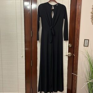 jumpsuit BLACK WIDE LEG jersey stretch Long sleeve deep open front tie party Med